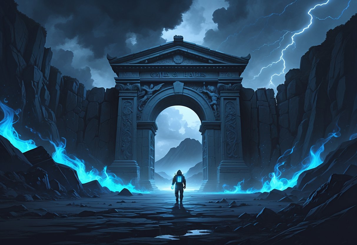Gerbang batu kuno yang megah di tebing gelap dengan api biru samar, seorang penjelajah mendekati gerbang tersebut di bawah langit badai dan gunung berapi di kejauhan.