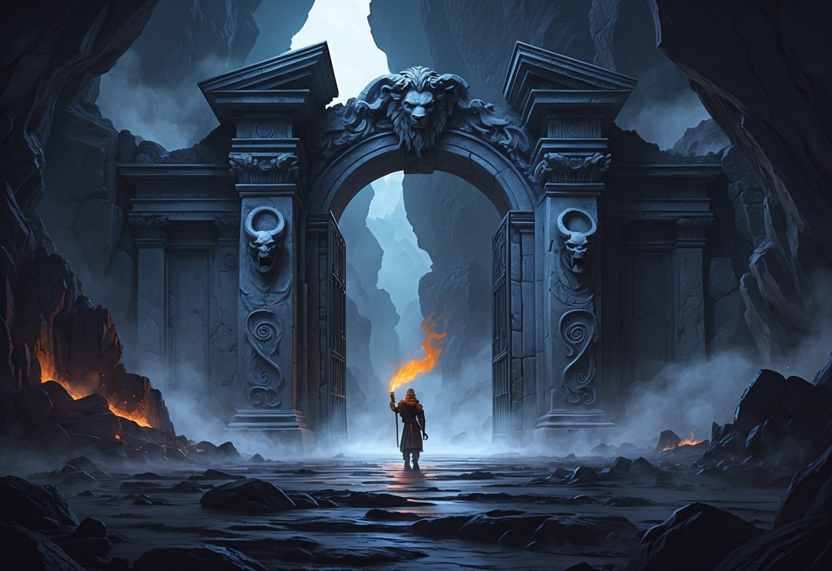 Gerbang besar dan gelap yang dihiasi dengan ukiran makhluk mitologi, dikelilingi kabut dan cahaya mistis, dengan seorang penjelajah yang membawa obor berdiri di depannya.