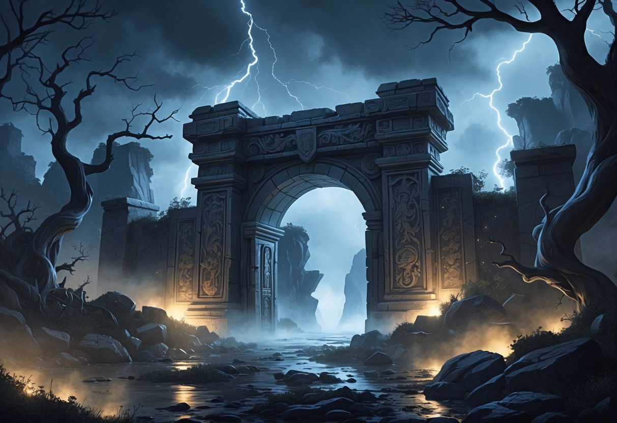Gerbang kuno yang besar dan menyeramkan di tengah lanskap gelap dengan pohon-pohon kering dan langit badai, menunjukkan pintu masuk ke dunia bawah.