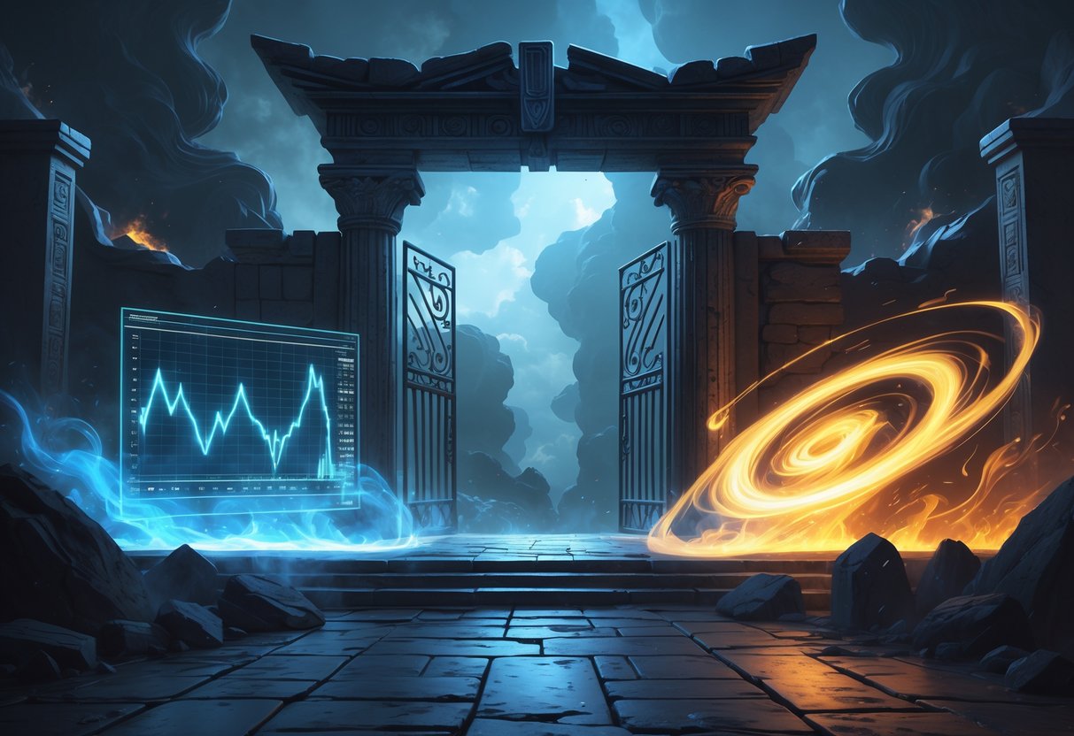 Pintu gerbang mistis bertema dunia bawah tanah dengan grafik dan pusaran energi yang melambangkan konsep RTP dan volatilitas dalam permainan Gates of Hades.