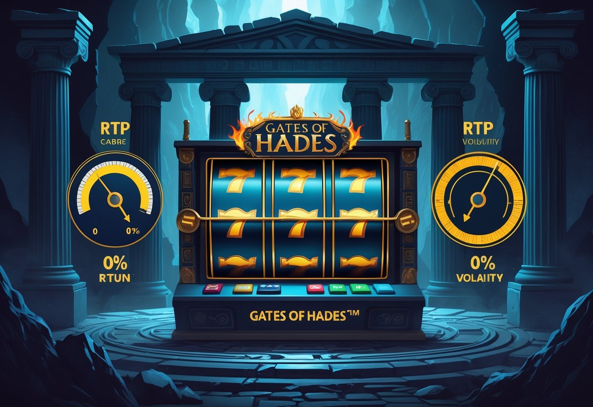 Ilustrasi mesin slot dengan tema gerbang dunia bawah Yunani kuno, dikelilingi oleh simbol RTP dan volatilitas yang menunjukkan konsep pengembalian dan risiko dalam permainan.