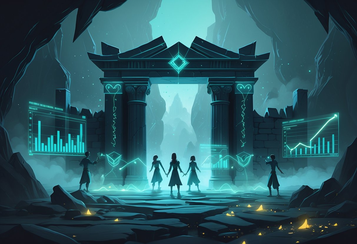 Gerbang mistis dengan pilar batu bercahaya dan figur etereal yang berinteraksi dengan grafik data mengambang di latar bawah dunia gelap berasap.