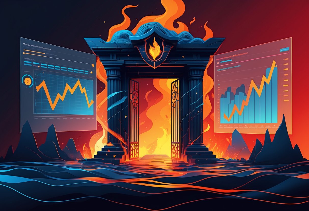 Ilustrasi gerbang gelap dengan elemen api dan grafik data yang menggambarkan perilaku pemain dan tren.