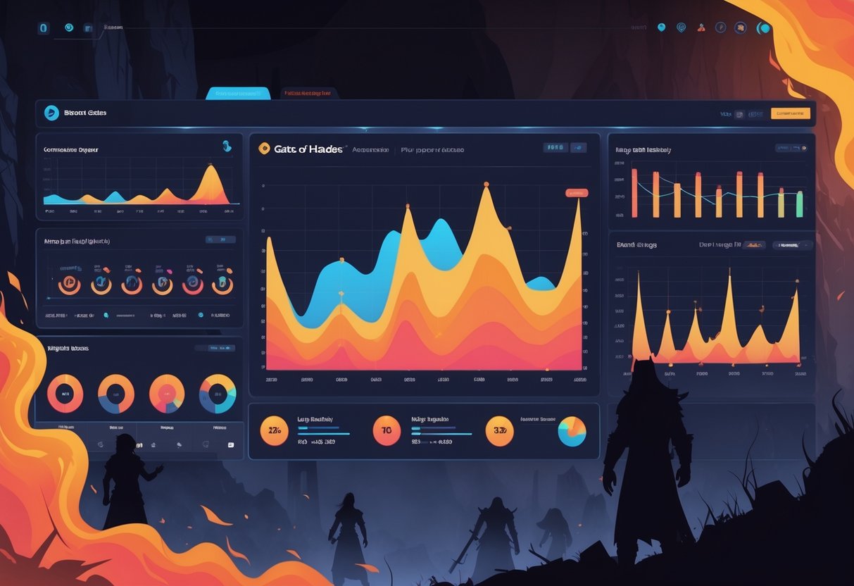 Ilustrasi dashboard analisis perilaku pemain Gates of Hades dengan grafik dan visual data aktivitas pemain pada jam-jam populer.