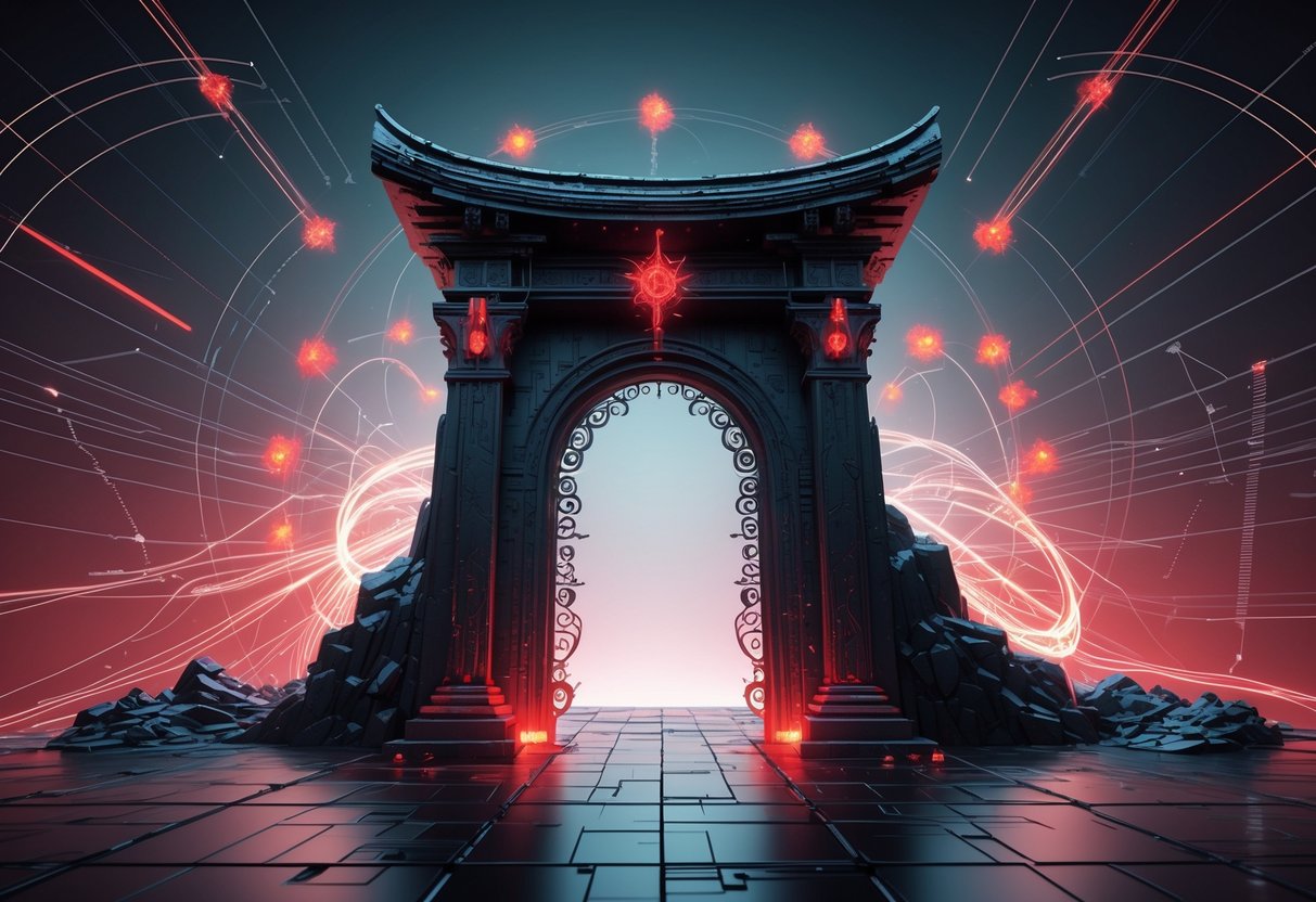 Ilustrasi gerbang mitologi dengan pola data dan grafik yang menggambarkan analisis simulasi spin.