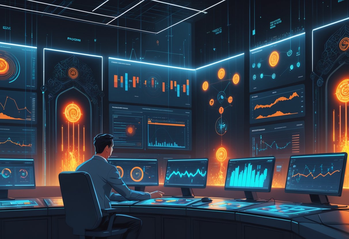 Ilustrasi ruangan kontrol futuristik dengan layar digital menampilkan data dan pola hasil 1000 putaran Gates of Hades™, dengan sosok analis yang memeriksa informasi tersebut.