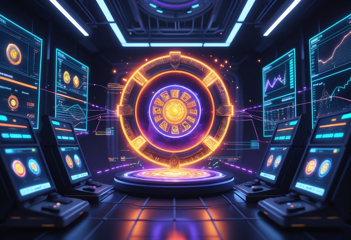 Ilustrasi sebuah ruang kontrol dengan layar holografik menampilkan grafik dan pola putaran dari permainan Gates of Hades, dengan portal berdesain kuno di tengahnya dan data mengelilingi portal tersebut.