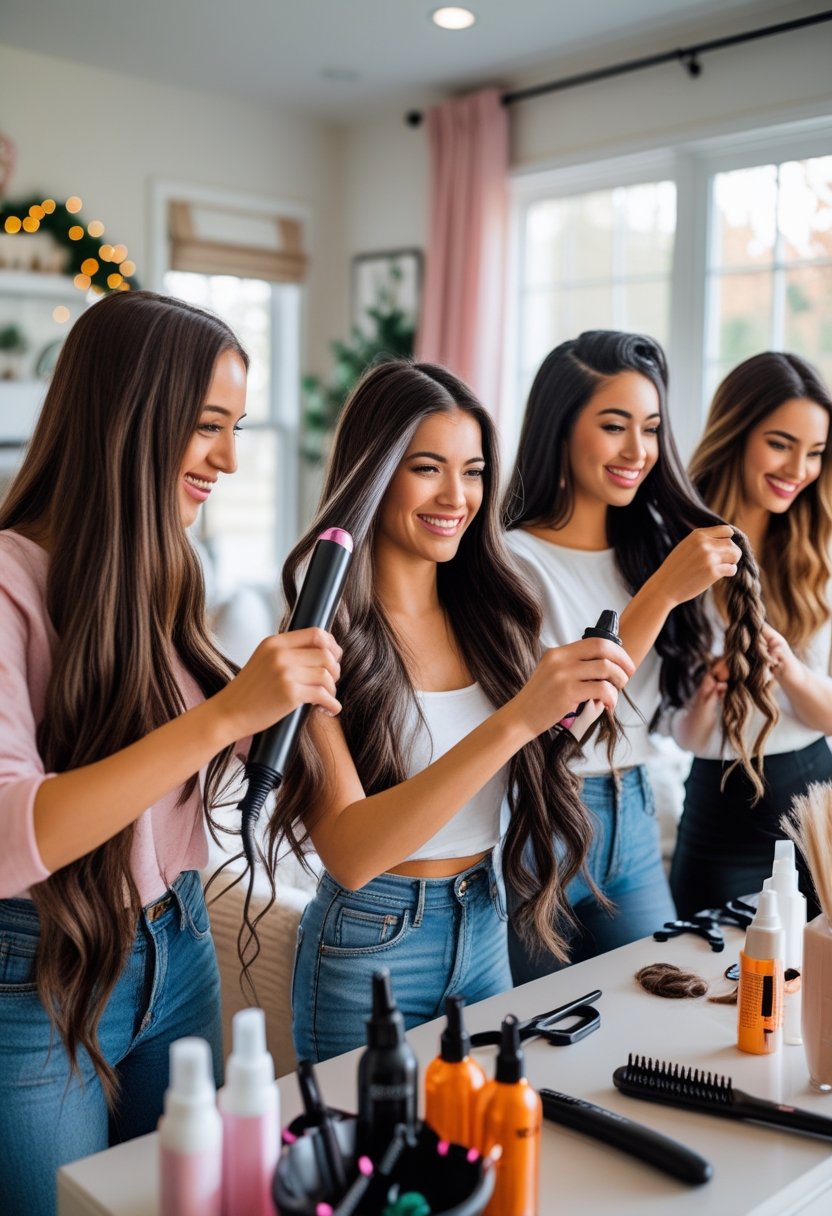 Three women styling their hair together at home in a cozy living room.