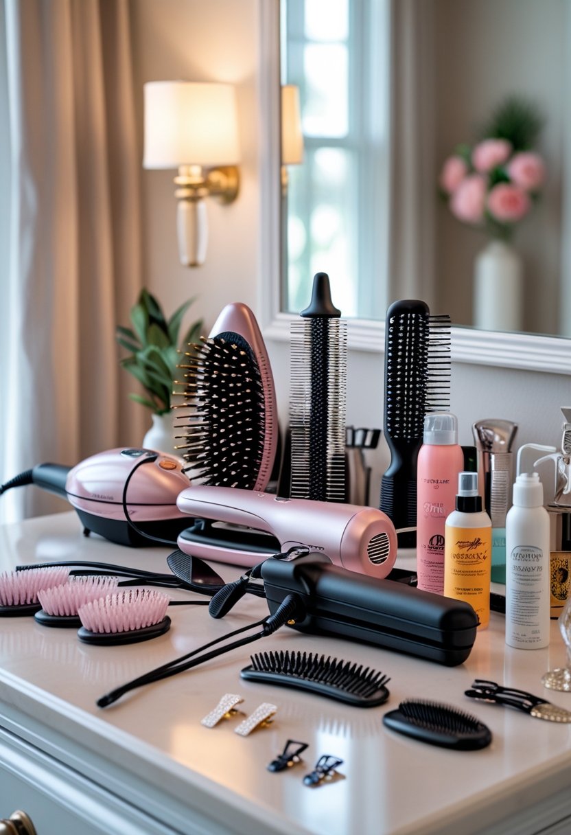A collection of hairstyling tools and products arranged on a countertop for creating party hairstyles at home.