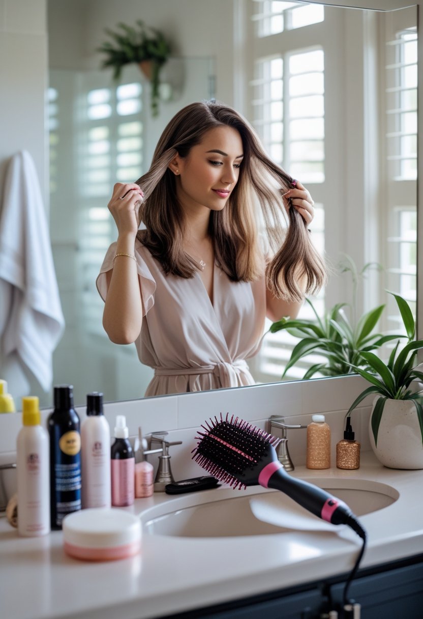 A woman brushing her hair in front of a bathroom mirror preparing for a party.