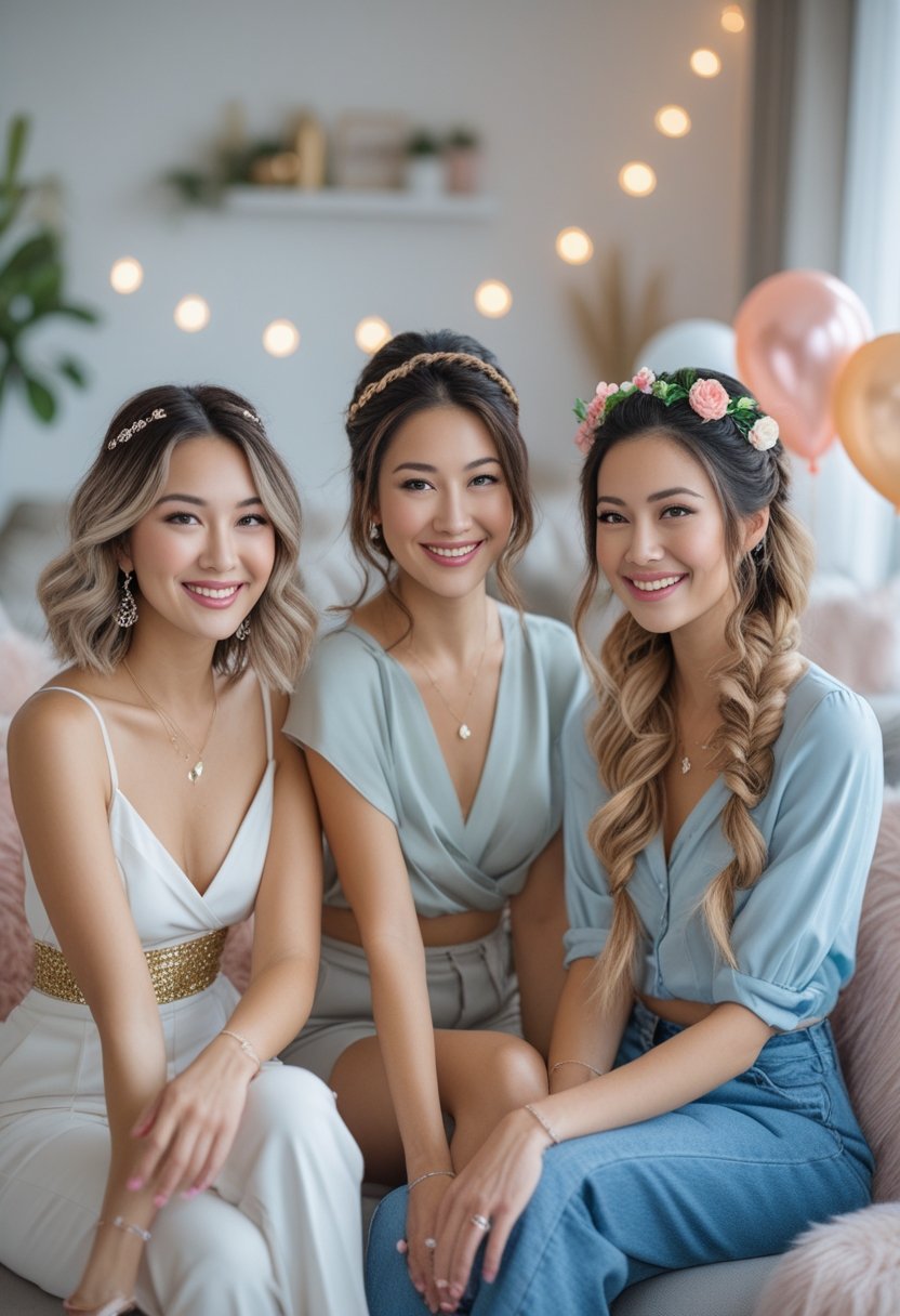 Three women with short, medium, and long hair showing different party hairstyles in a cozy living room decorated for a celebration.