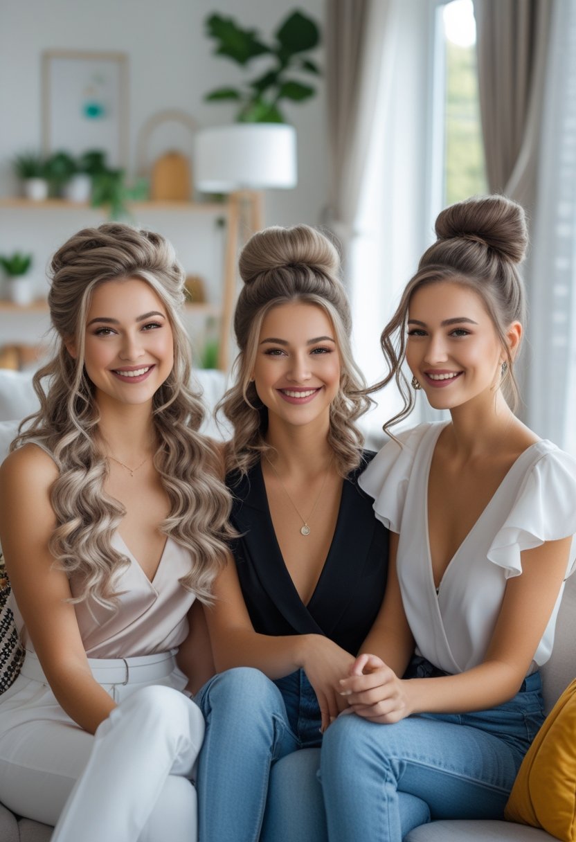 Three young women indoors smiling, each with a different stylish party hairstyle, in a bright living room.