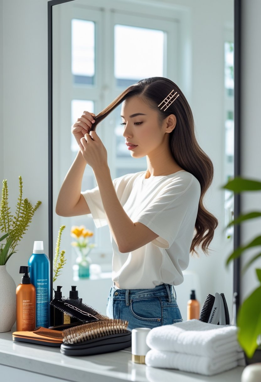 A woman standing in front of a mirror securing her hairstyle with hairpins in a bright, tidy room.