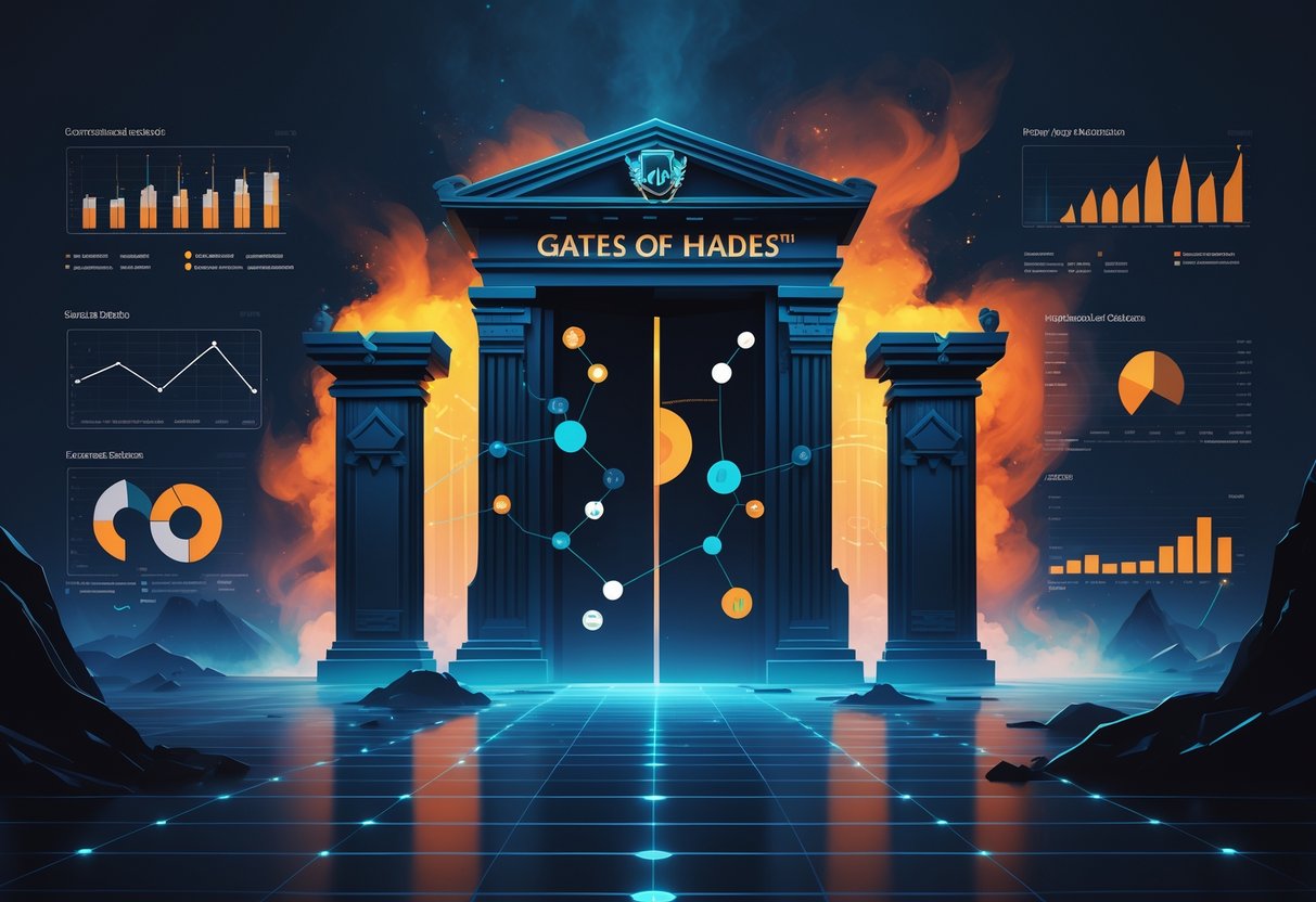 Ilustrasi profesional yang menampilkan konsep pola, RTP, dan statistik dengan latar gerbang mitos dan elemen data visual.