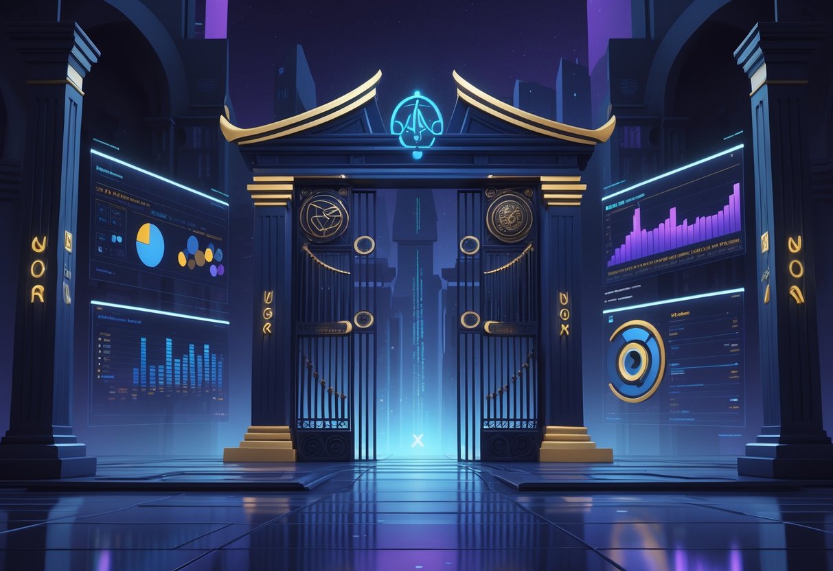 Ilustrasi profesional yang menampilkan antarmuka futuristik dengan grafik dan pola statistik yang terinspirasi dari gerbang mitologi Yunani kuno.