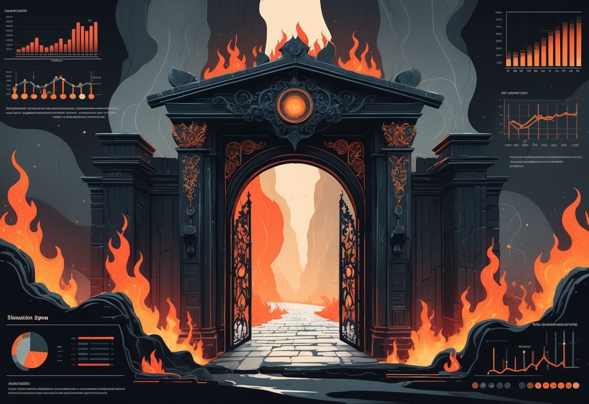 Ilustrasi gerbang gelap dan misterius dengan elemen api dan pola data yang menggambarkan analisis hasil simulasi.