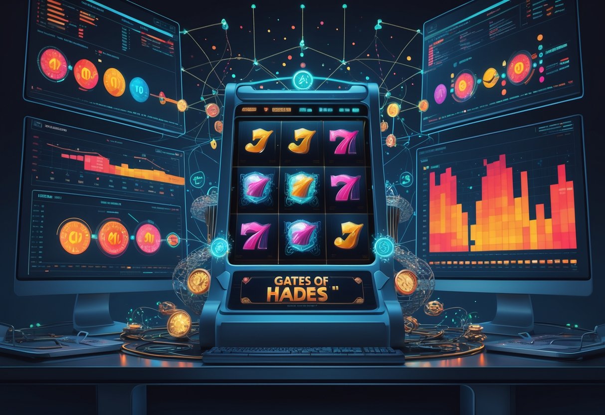 Ilustrasi profesional yang menunjukkan analisis data dan pola dari 1000 simulasi putaran permainan Gates of Hades, menampilkan grafik dan representasi visual dari hasil analisis.