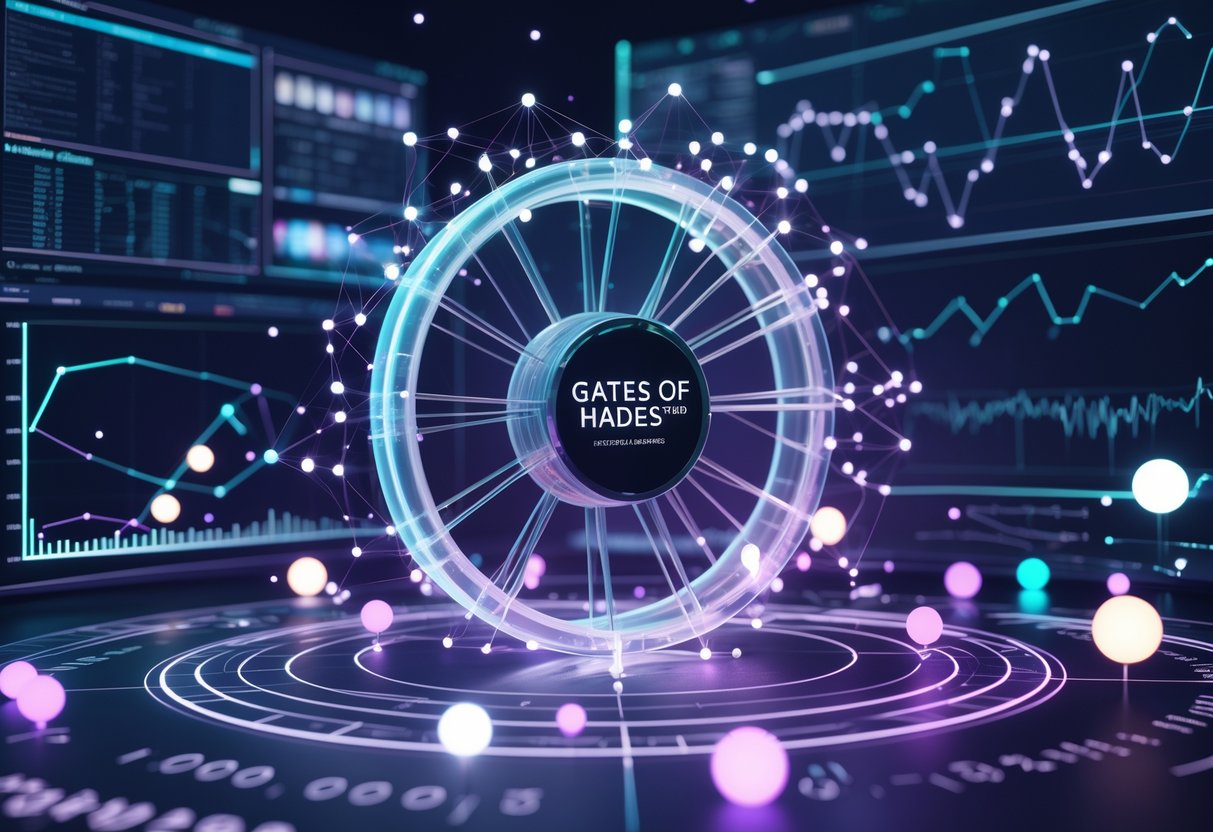 Ilustrasi profesional yang menampilkan roda berputar 3D dengan pola data yang kompleks dan titik-titik bercahaya yang menggambarkan hasil simulasi dan analisis data.
