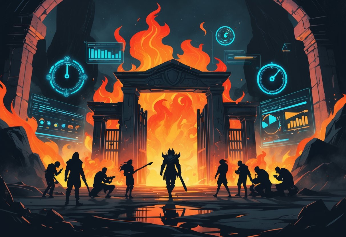 Gerbang api besar yang megah dengan siluet pemain yang sedang bermain dan grafik aktivitas di sekitarnya.