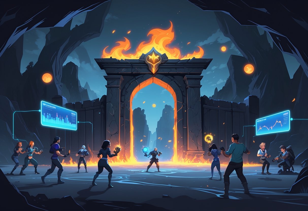 Pemandangan gerbang mitos yang bercahaya dengan beberapa karakter pemain sedang bermain dan menganalisis aktivitas di sekitar gerbang dalam latar dunia bawah yang gelap dan mistis.