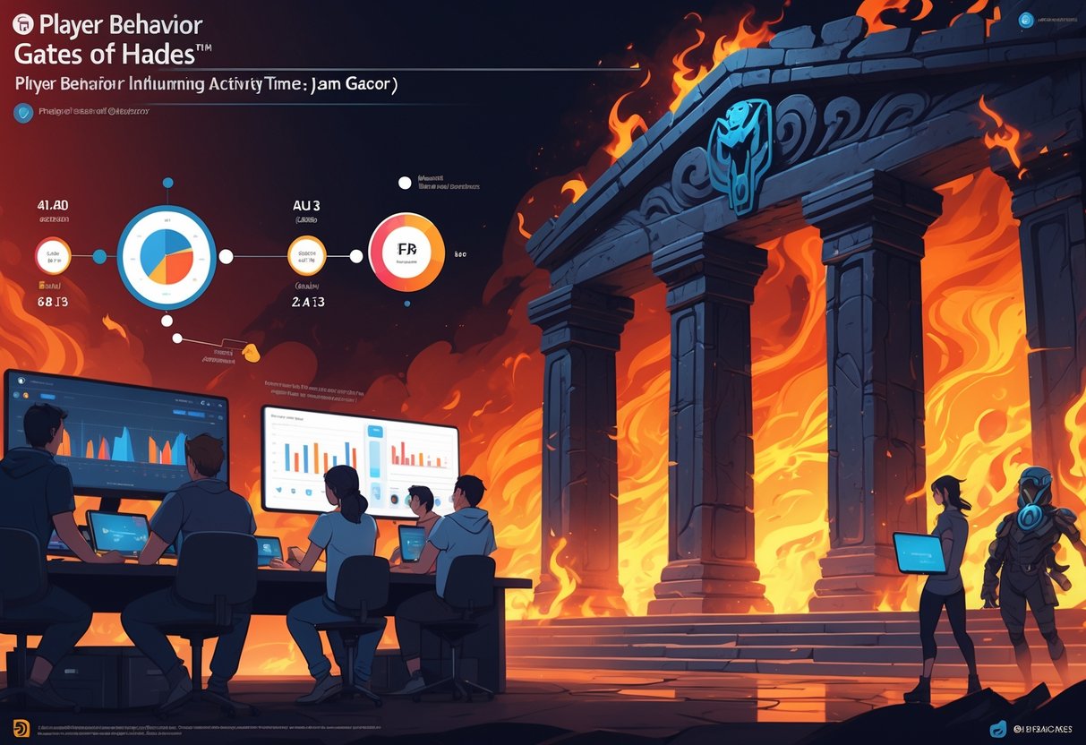 Ilustrasi yang menunjukkan sekelompok pemain yang sedang bermain game di berbagai perangkat dengan latar belakang gerbang mitologis yang menyala, menggambarkan hubungan antara perilaku pemain dan waktu aktivitas harian dalam permainan.