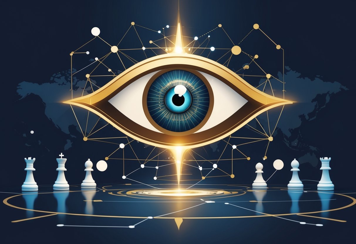 Ilustrasi simbol mata besar yang dikelilingi pola geometris dan elemen permainan yang melambangkan strategi dan wawasan.
