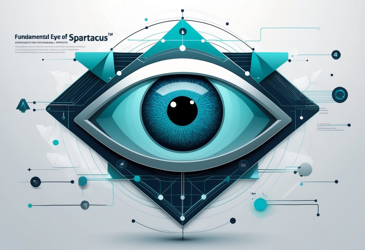 Ilustrasi mata besar dengan pola geometris dan elemen jaringan yang melambangkan wawasan dan analisis data.