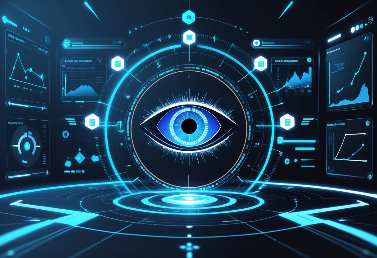 Ilustrasi profesional yang menampilkan simbol mata abstrak dengan pola geometris dan grafik data di latar belakang, menggambarkan strategi dan peluang dalam permainan Eye of Spartacus.