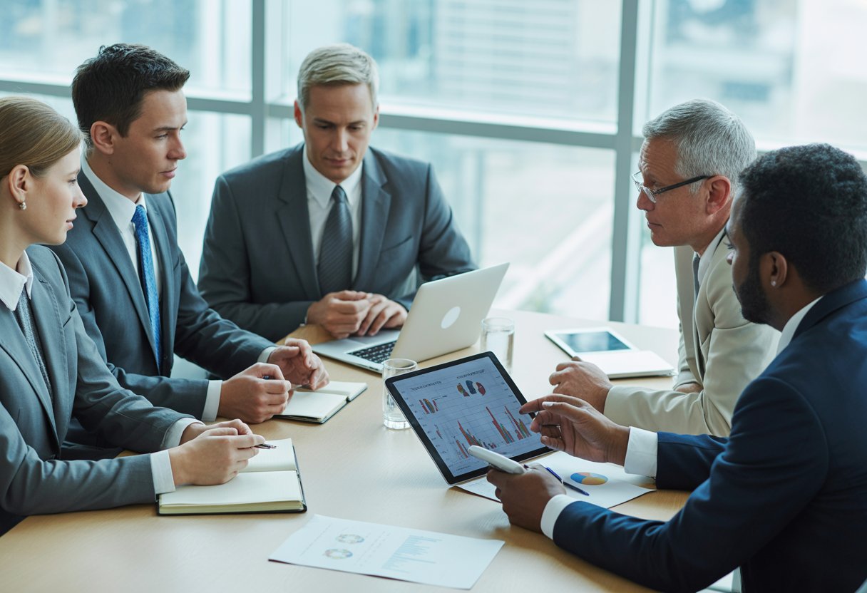 Een groep zakelijke professionals zit rond een vergadertafel en bespreekt documenten en grafieken in een moderne kantooromgeving.