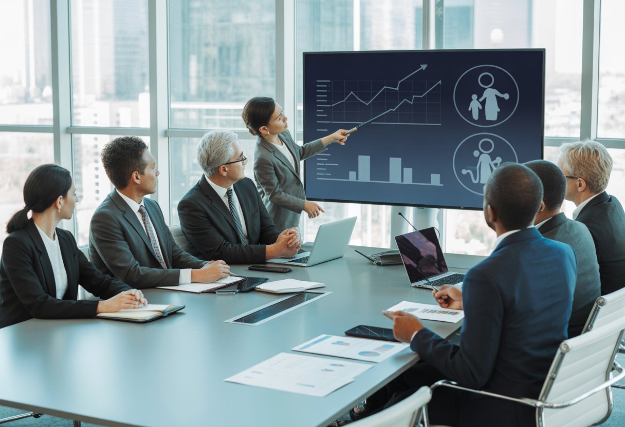 Een groep zakelijke professionals bespreekt financiële documenten en grafieken in een moderne vergaderruimte.