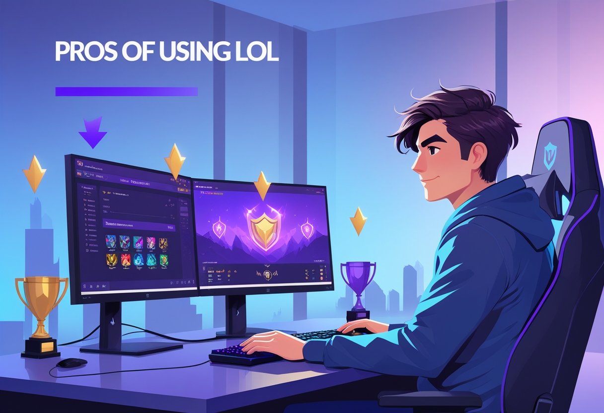 A gamer at a computer with multiple screens showing League of Legends gameplay, surrounded by symbols of rank improvement and trophies in a modern gaming room.
