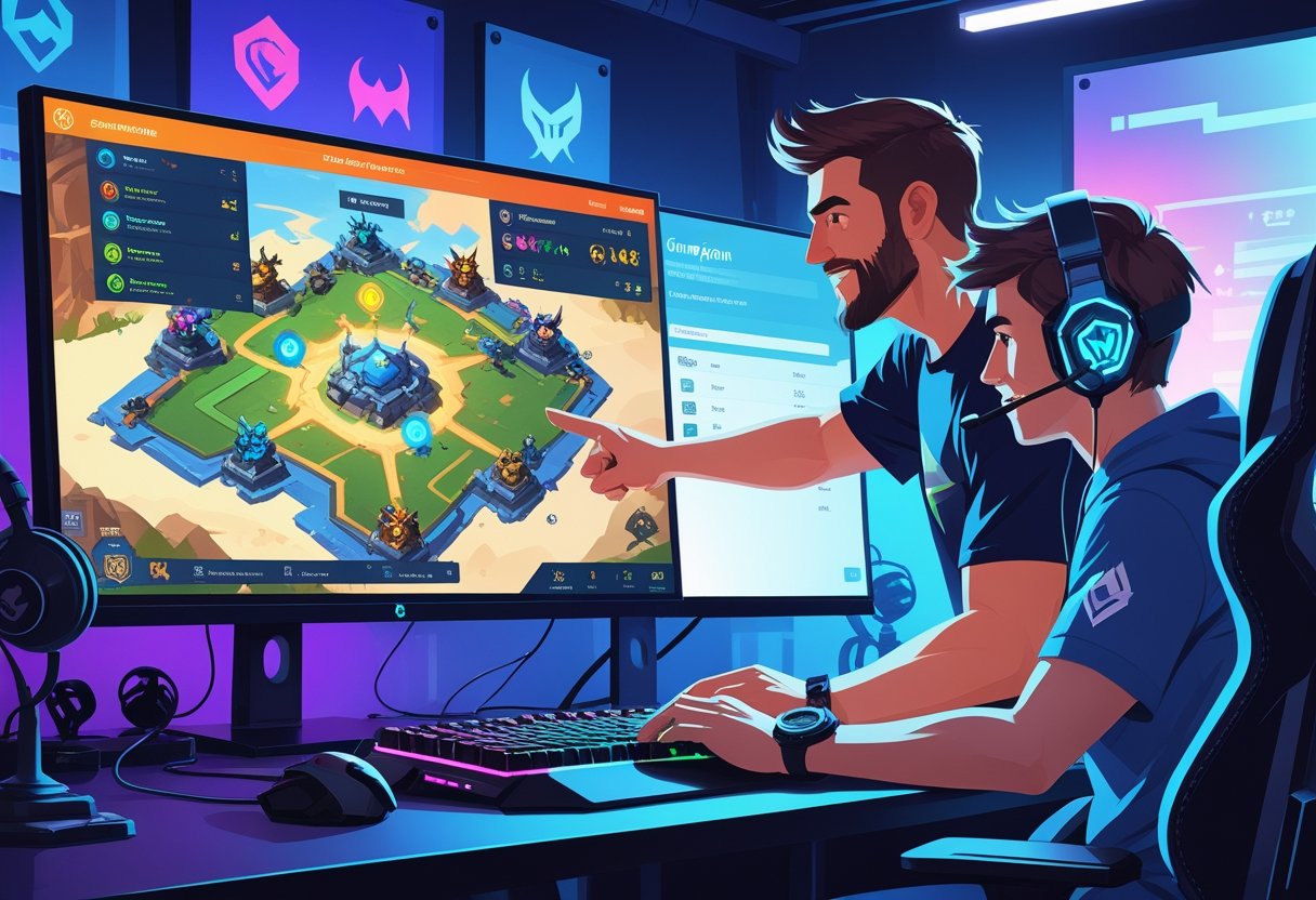 A coach explains game strategy to a player in a gaming room with screens showing a game map and characters.