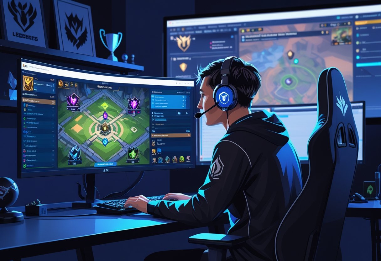 A gamer at a dual-monitor setup coaching another player in League of Legends, with game visuals and strategy elements on the screens.