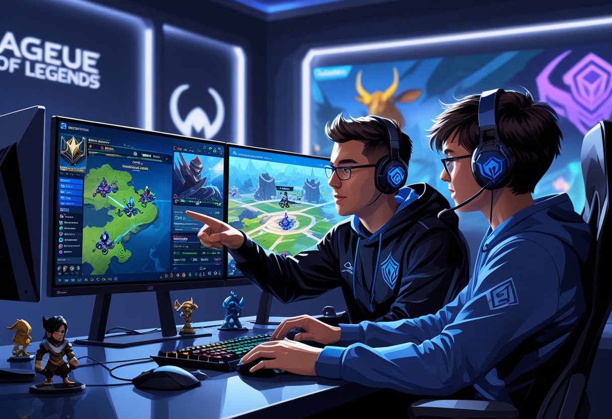 A coach and a player engaged in a League of Legends gaming session with multiple screens showing gameplay and strategy.