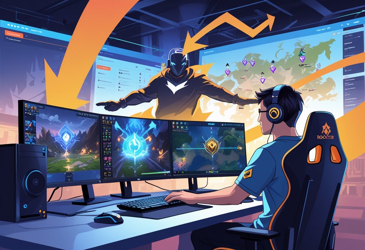 A gamer playing League of Legends at a computer with a semi-transparent figure behind them guiding the gameplay, surrounded by a stylized game map showing progression.
