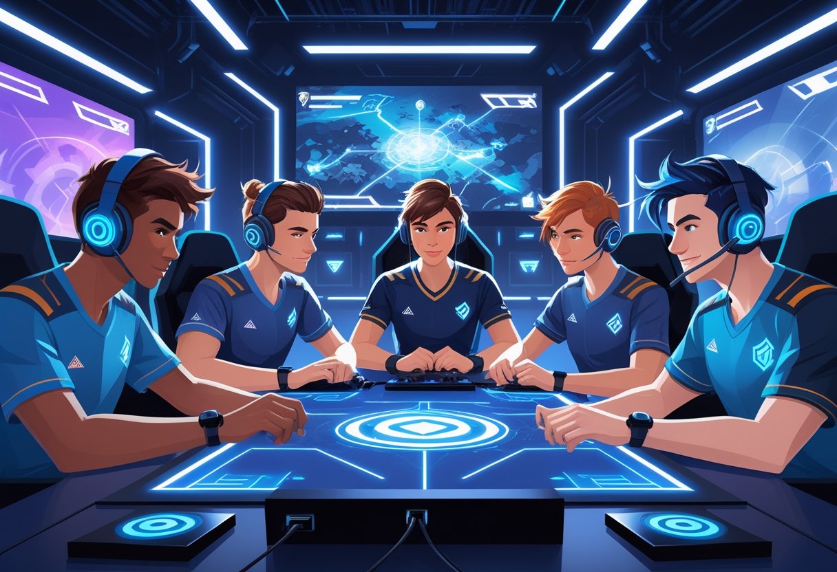 A team of five gamers working together around a digital battlefield map in a high-tech gaming arena.