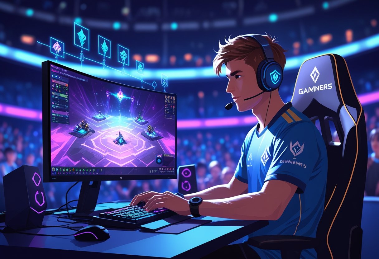 A focused esports player wearing a headset and team jersey playing League of Legends on a gaming setup with holographic game elements and a blurred crowd in the background.