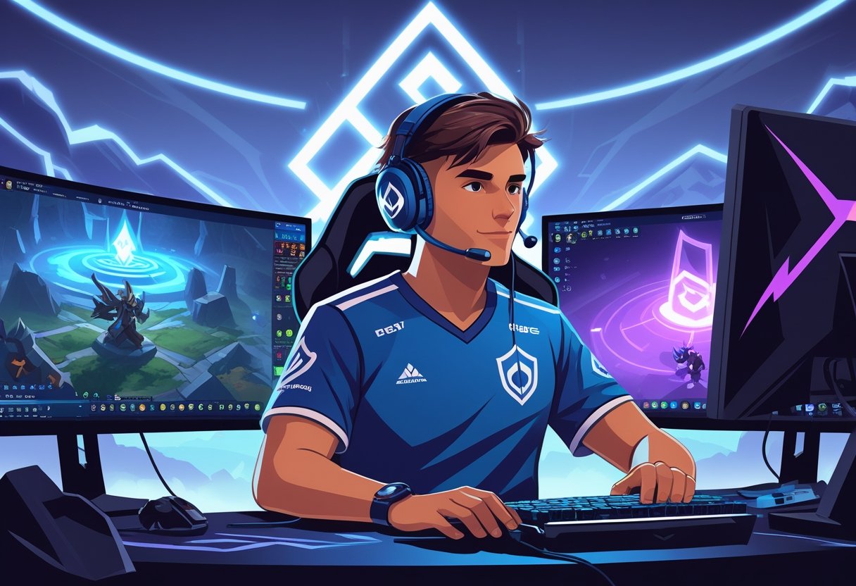 A gamer wearing headphones and a team jersey playing League of Legends at a gaming setup, with a teammate figure behind them and elements of the game map in the background.