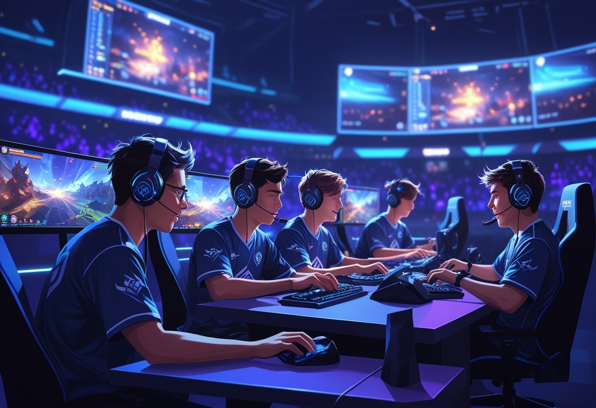 Five professional esports players focused on playing a video game together in a high-tech gaming arena.