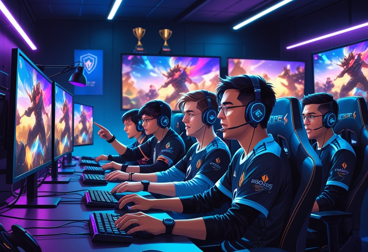 A group of gamers playing League of Legends together in a high-tech gaming room, focused on their computer screens and communicating with each other.
