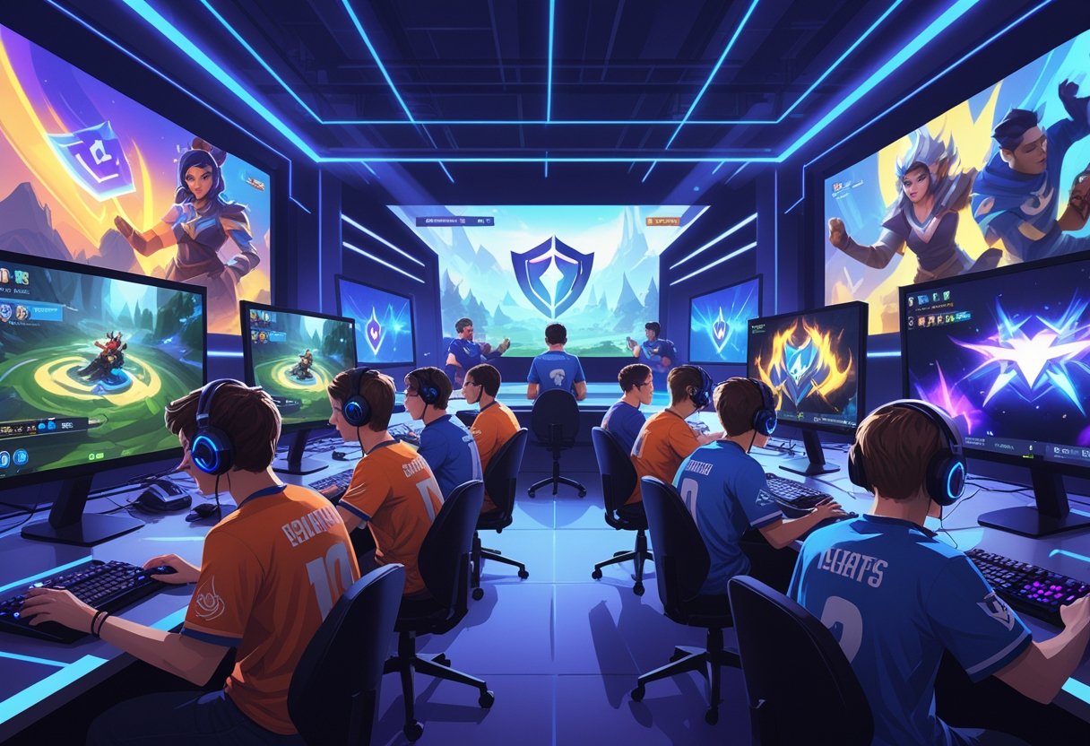 A group of gamers playing League of Legends together with professional players in a modern gaming arena, focused on their screens and working as a team.
