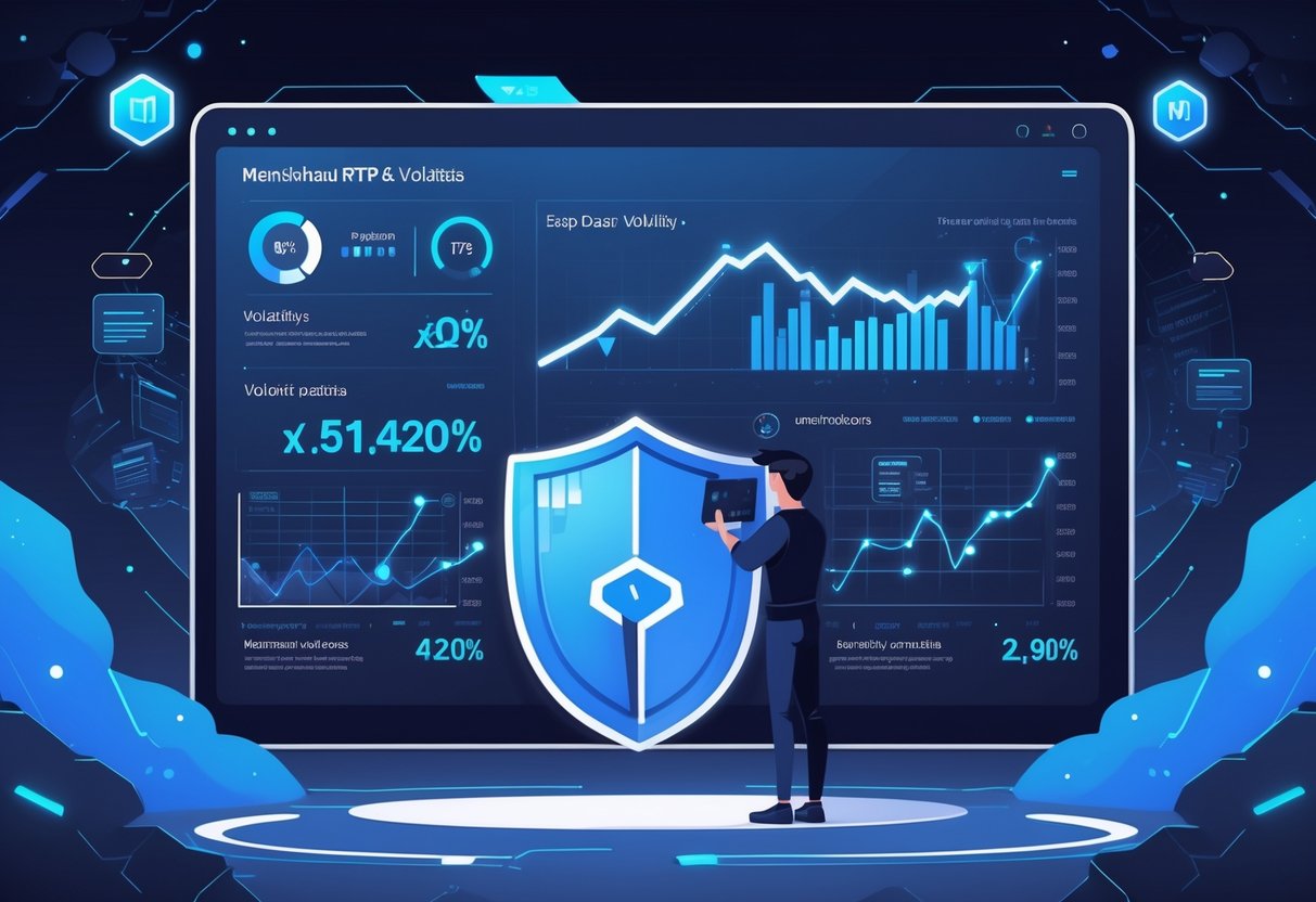 Seseorang yang fokus mempelajari layar digital besar dengan grafik dan simbol terkait RTP dan volatilitas, dengan elemen helm Spartan di latar belakang.