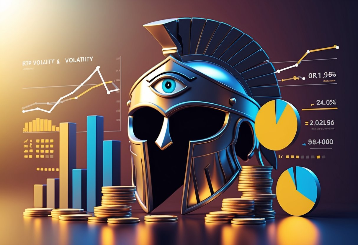 Ilustrasi helm gladiator Romawi dengan simbol mata dan grafik data di sekitarnya yang menggambarkan konsep RTP dan volatilitas dalam permainan Eye of Spartacus.