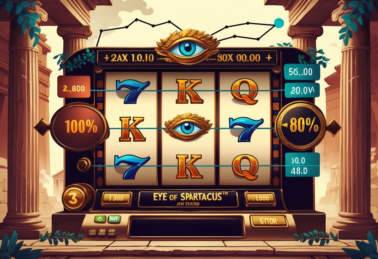 Ilustrasi mesin slot bertema Romawi dengan simbol Eye of Spartacus dan grafik yang menunjukkan volatilitas dan RTP.
