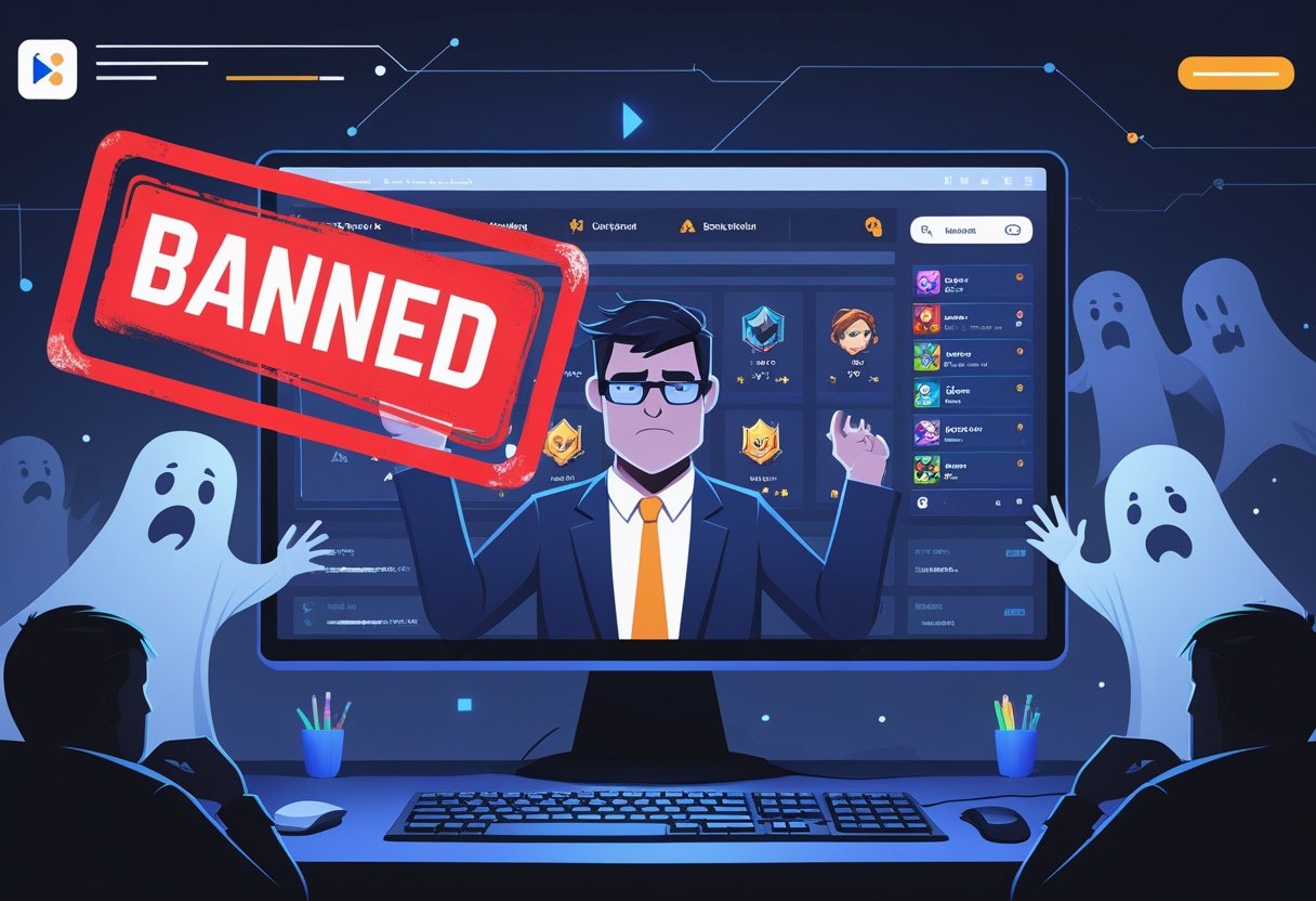 A game moderator stamping a computer screen with a banned mark while shadowy figures of disappointed players appear around the screen.