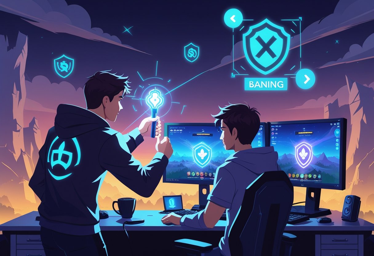 Two gamers exchanging a glowing key while one plays League of Legends on multiple monitors, surrounded by floating icons representing rankings and bans in a fantasy game environment.