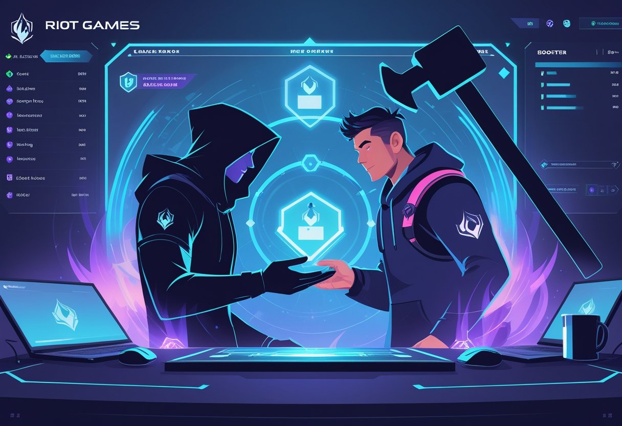 Two gamers exchanging a glowing game profile in a digital environment with a large ban hammer descending above them, surrounded by ranked tiers and warning symbols.