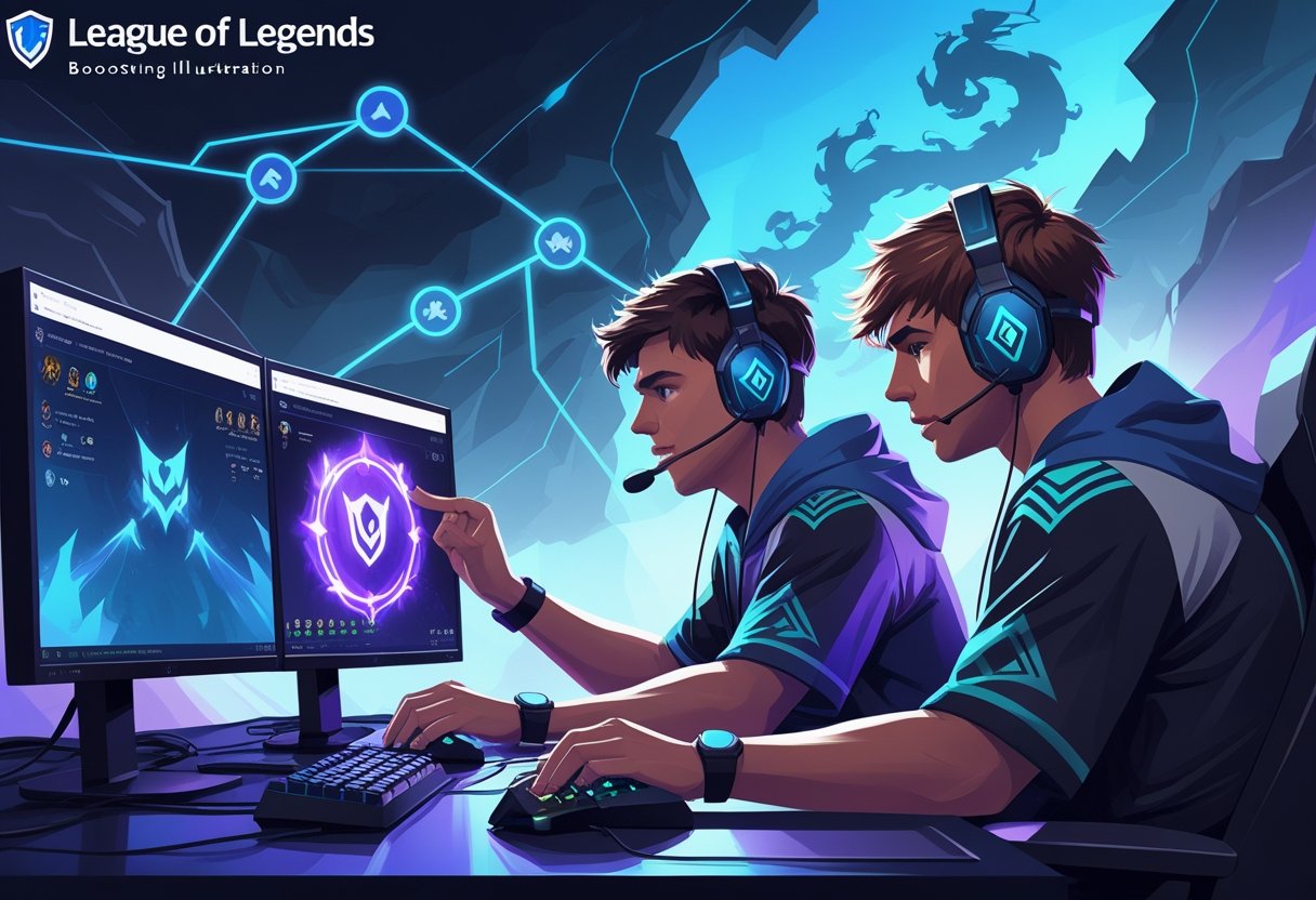 Two gamers playing League of Legends together at their computers, with a stylized game map in the background showing teamwork and strategy.
