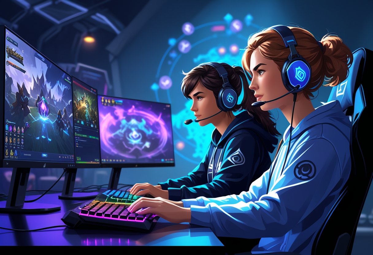 Two gamers playing League of Legends together at a computer, coordinating their gameplay with a game map visible in the background.
