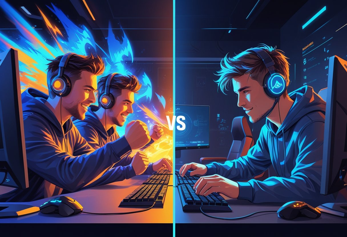 A split scene showing two gamers playing together and celebrating on one side, and a single gamer focused on playing alone on the other side, representing duo boosting versus solo boosting.